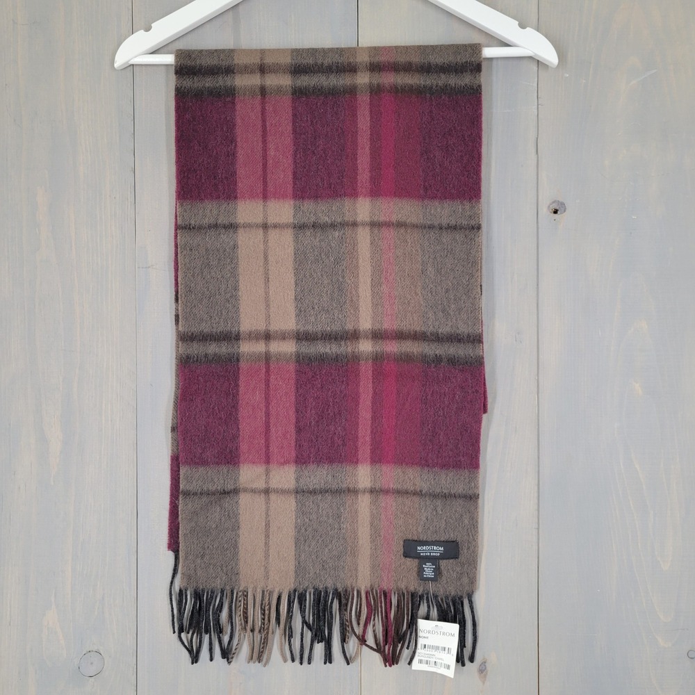 Nordstrom 100% Wool Scarf Mens Burgundy Camel Plaid Wool Fringe Winter Accessory
